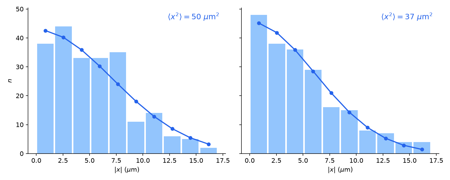 Two bar charts side by side, counts of displacements against their size from 0 to 17 micrometres in ten bins of 1.7 micrometres, for Perrin's first and second series. The bars fall from about 40 in the first bins to a few in the last; a blue line with dots, the fitted Gaussian, follows them, with a fitted mean square of 50 square micrometres on the left and 37 on the right.